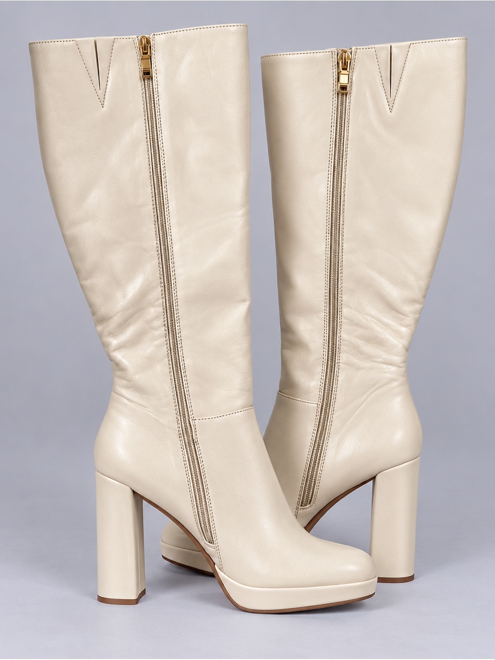 Emmaline Cream Knee High Platform Boots Chunky Block Heel